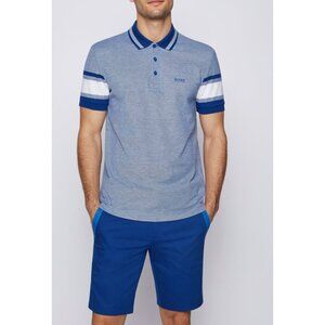 BOSS Men's regular-fit Paddy polo shirt blue cotton blend with white & blue sz L